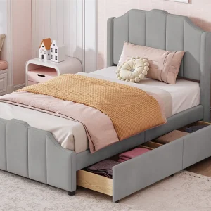 Gestoffeerd eenpersoonsbed 90x200cm - fluwelen stof - 2 lades - Grijs