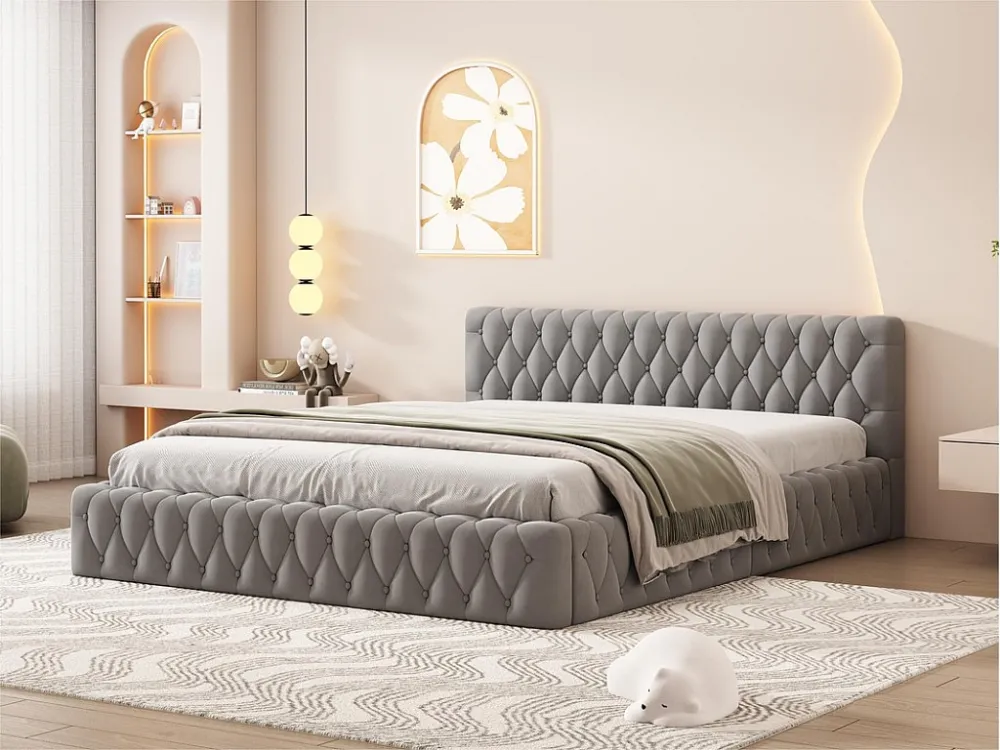 Gestoffeerd tweepersoonsbed 140x200cm - fluwelen stof - Grijs