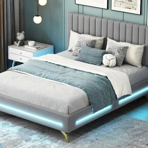 Gestoffeerd tweepersoonsbed 140x200cm met LED verlichting - fluwelen stof - verstelbaar hoofdeinde - Grijs (zonder matras)