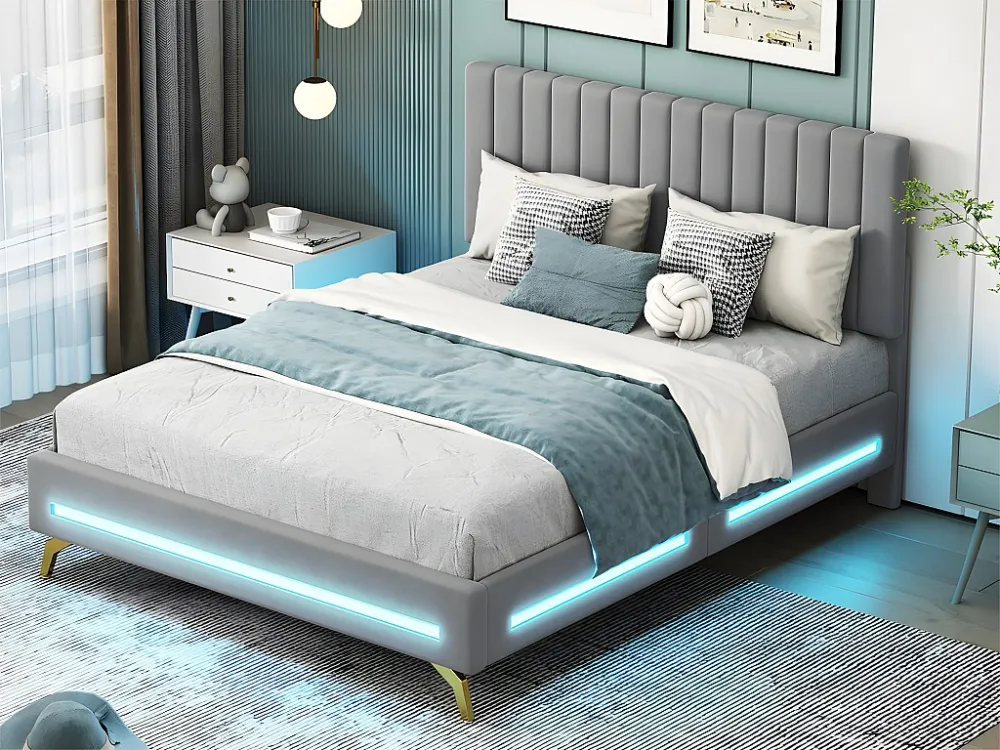 Gestoffeerd tweepersoonsbed 140x200cm met LED verlichting - fluwelen stof - verstelbaar hoofdeinde - Grijs (zonder matras)