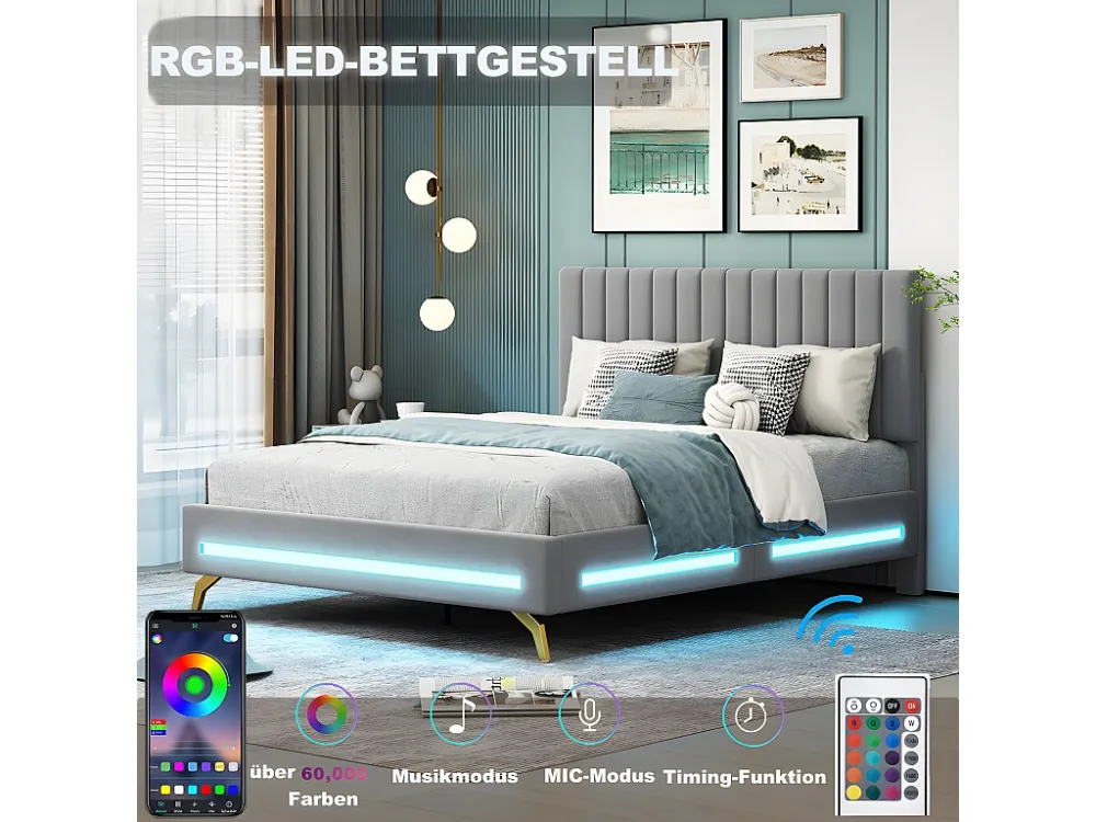 Gestoffeerd tweepersoonsbed 140x200cm met LED verlichting - fluwelen stof - verstelbaar hoofdeinde - Grijs (zonder matras)