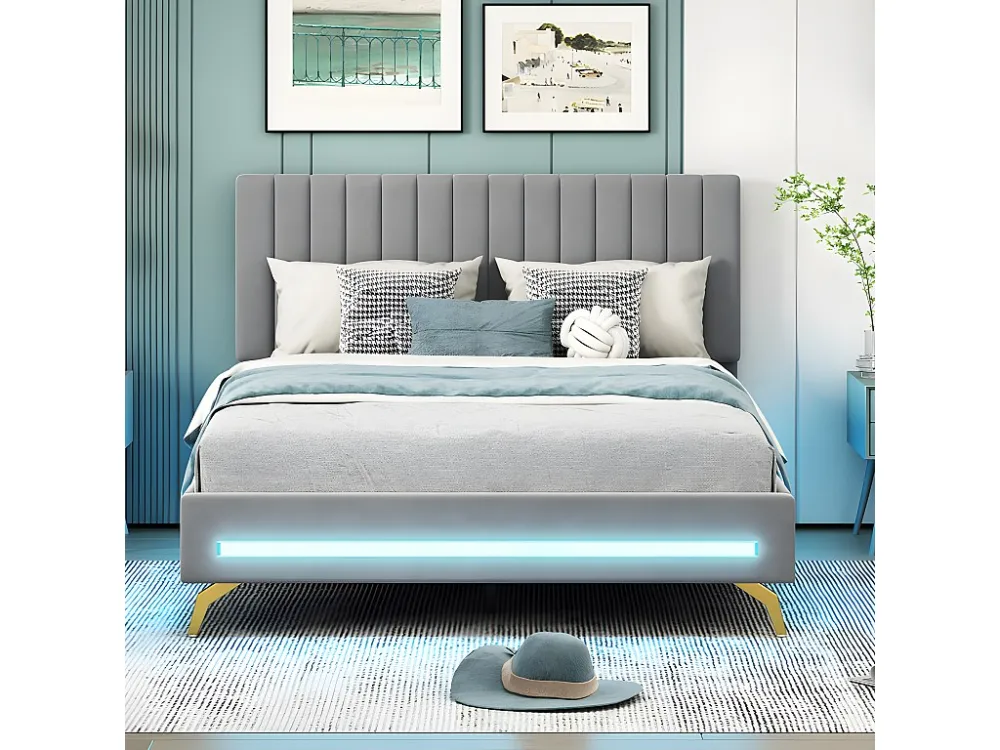 Gestoffeerd tweepersoonsbed 140x200cm met LED verlichting - fluwelen stof - verstelbaar hoofdeinde - Grijs (zonder matras)