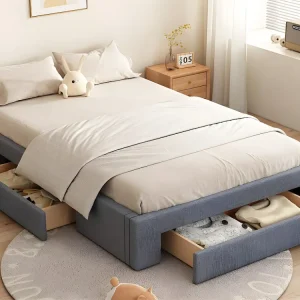 Gestoffeerd tweepersoonsbed 140x200cm zonder hoofdbord - met 3 lades - Linnen stof - Grijs
