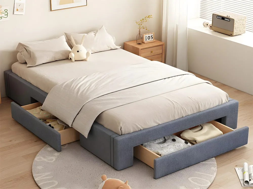 Gestoffeerd tweepersoonsbed 140x200cm zonder hoofdbord - met 3 lades - Linnen stof - Grijs