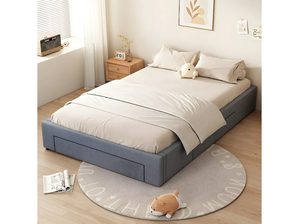 Gestoffeerd tweepersoonsbed 140x200cm zonder hoofdbord - met 3 lades - Linnen stof - Grijs