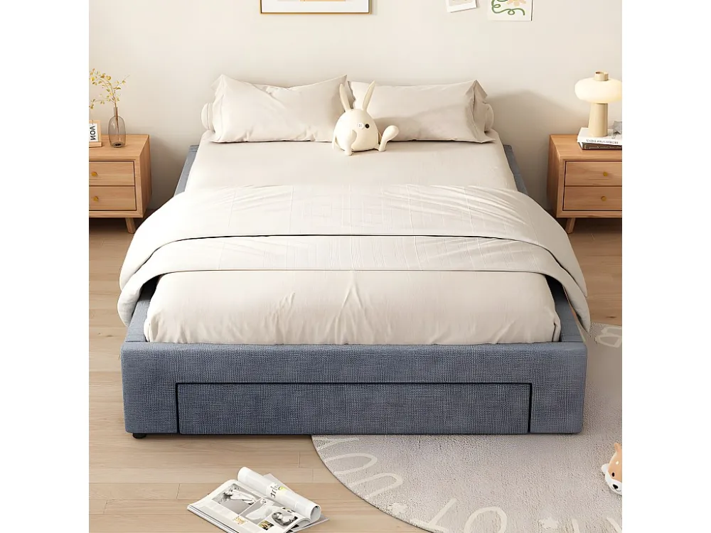 Gestoffeerd tweepersoonsbed 140x200cm zonder hoofdbord - met 3 lades - Linnen stof - Grijs