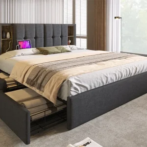 Gestoffeerd tweepersoonsbed 160x200 cm - met draadloos opladen en 4 lades - stof fluweel - Grijs