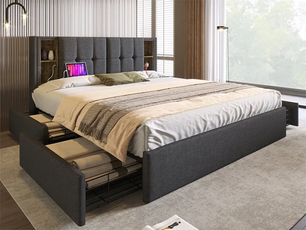 Gestoffeerd tweepersoonsbed 160x200 cm - met draadloos opladen en 4 lades - stof fluweel - Grijs