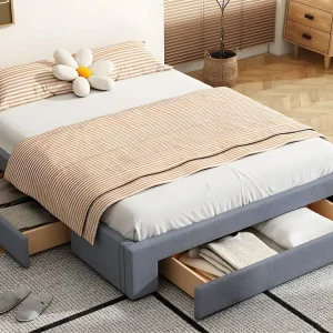 Gestoffeerd tweepersoonsbed 160x200cm zonder hoofdbord - met 3 lades - Linnen stof - Grijs