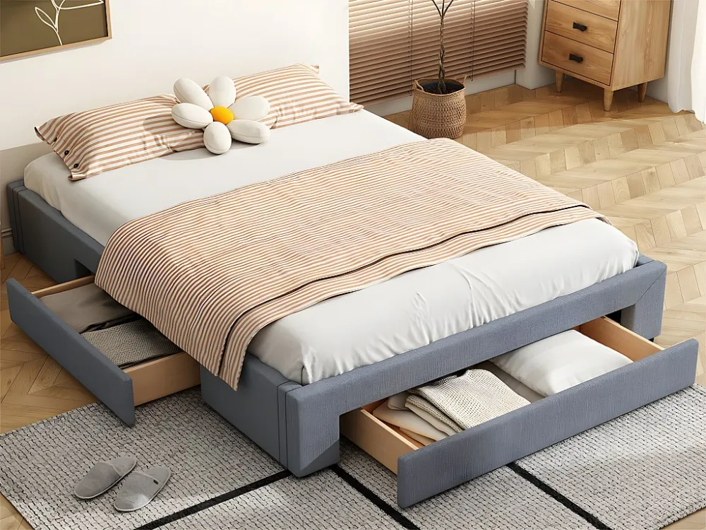 Gestoffeerd tweepersoonsbed 160x200cm zonder hoofdbord - met 3 lades - Linnen stof - Grijs