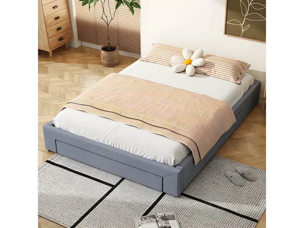 Gestoffeerd tweepersoonsbed 160x200cm zonder hoofdbord - met 3 lades - Linnen stof - Grijs