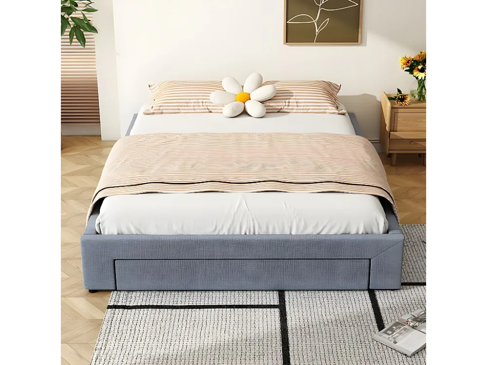 Gestoffeerd tweepersoonsbed 160x200cm zonder hoofdbord - met 3 lades - Linnen stof - Grijs