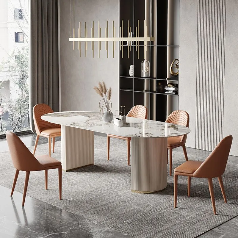 Glam Oval Dining Table Stone Top Dining Table Double Pedestal Melkwit 63l