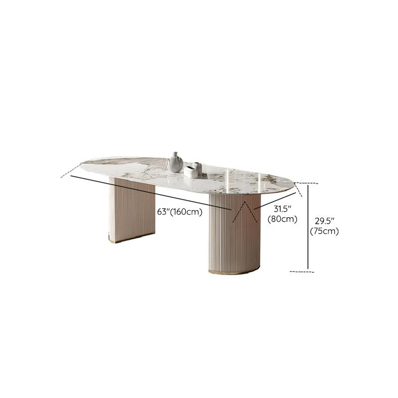 Glam Oval Dining Table Stone Top Dining Table Tweeling Pedestal White 63l