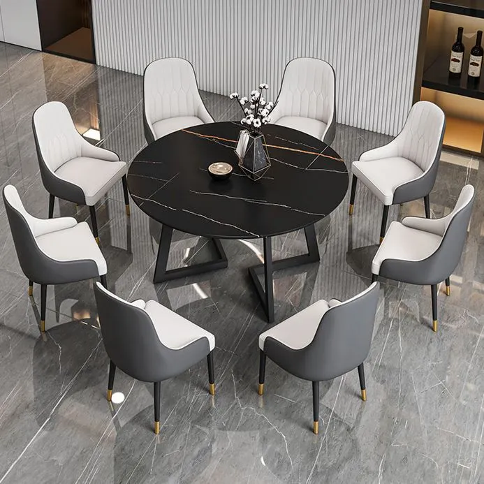 Glam Round Sintered Stone Dining Table Standard Kitchen Dining Table Duo Pedestal Base 31