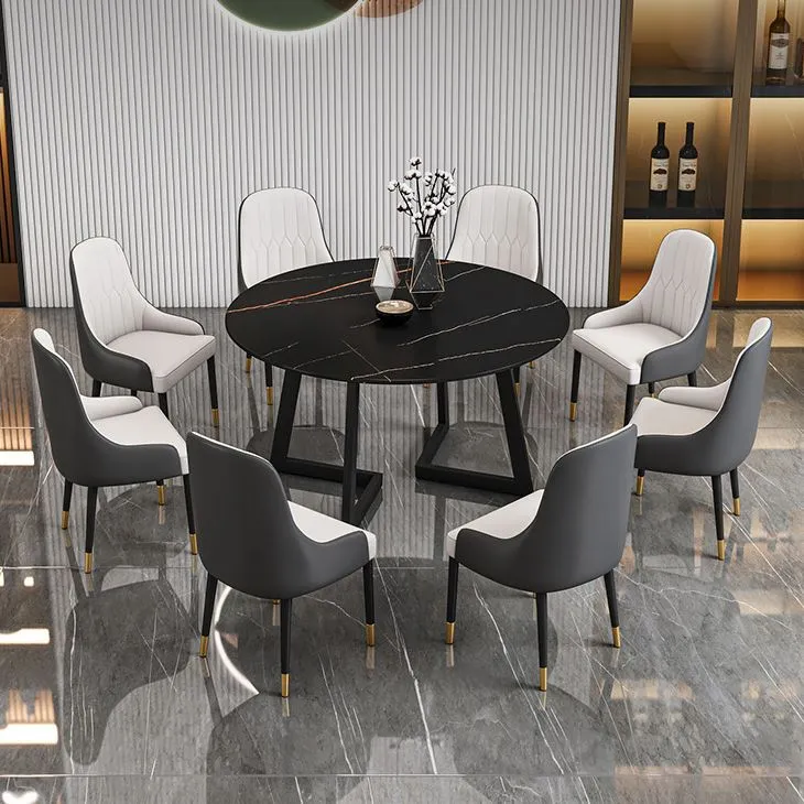 Glam Round Sintered Stone Dining Table Standard Kitchen Dining Table Duo Pedestal Base 31