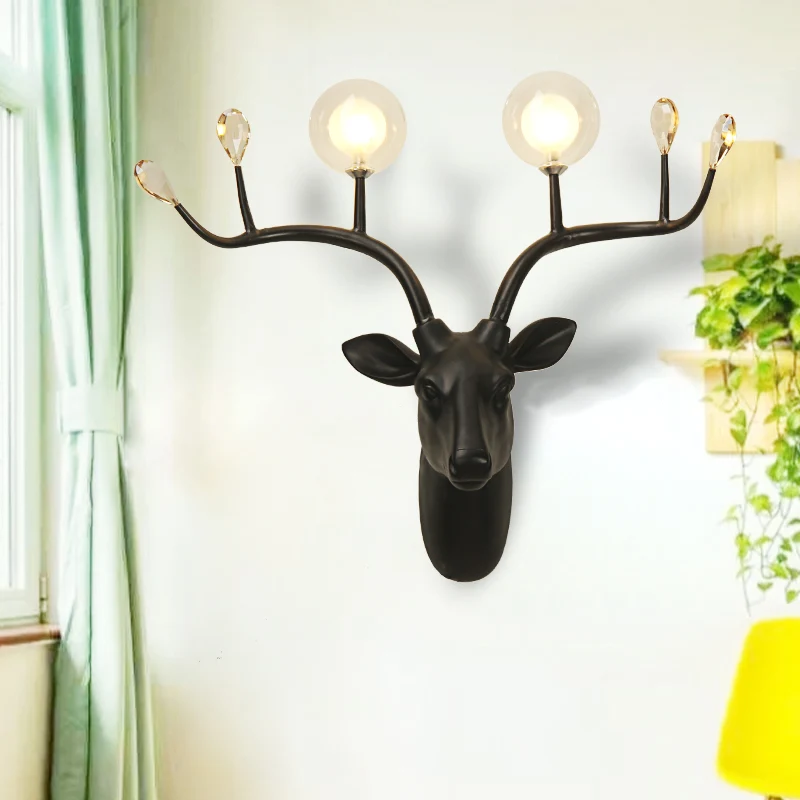 Globe Resin Sconce Light Rustiek 2-lichts woonkamer wandlamp zwart/wit met hertendeco