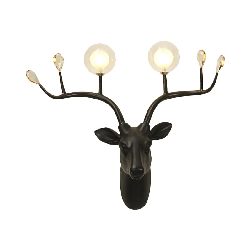 Globe Resin Sconce Light Rustiek 2-lichts woonkamer wandlamp zwart/wit met hertendeco
