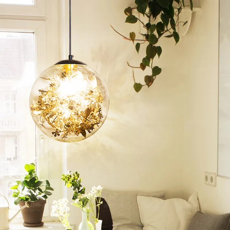 Globe Suspension Lighting Eenvoudige eetkamer hanglamp van fel glas met 1 kop en foliebloem erin