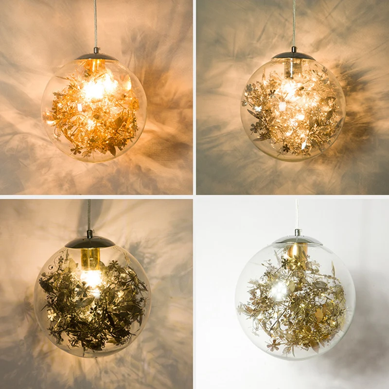 Globe Suspension Lighting Eenvoudige eetkamer hanglamp van fel glas met 1 kop en foliebloem erin