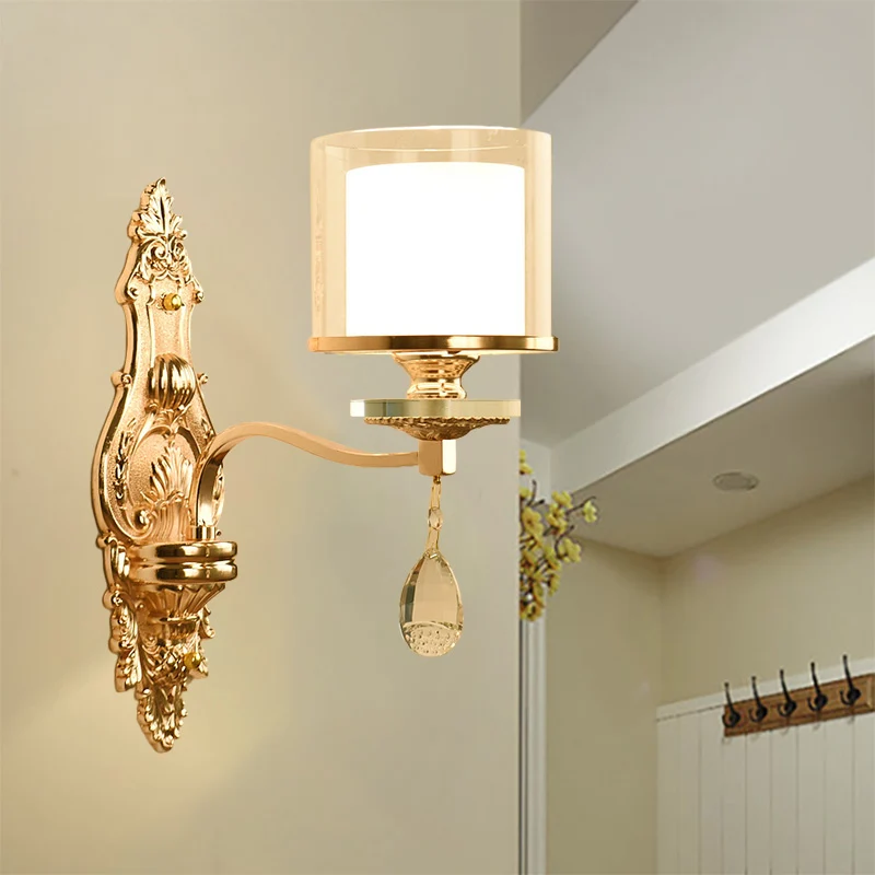 Gold Finish Cylinder Sconce Light Vintage 1/2-Bulb Metal Wall Light Fixture Double Glazen Shade and Crystal Deco Gold