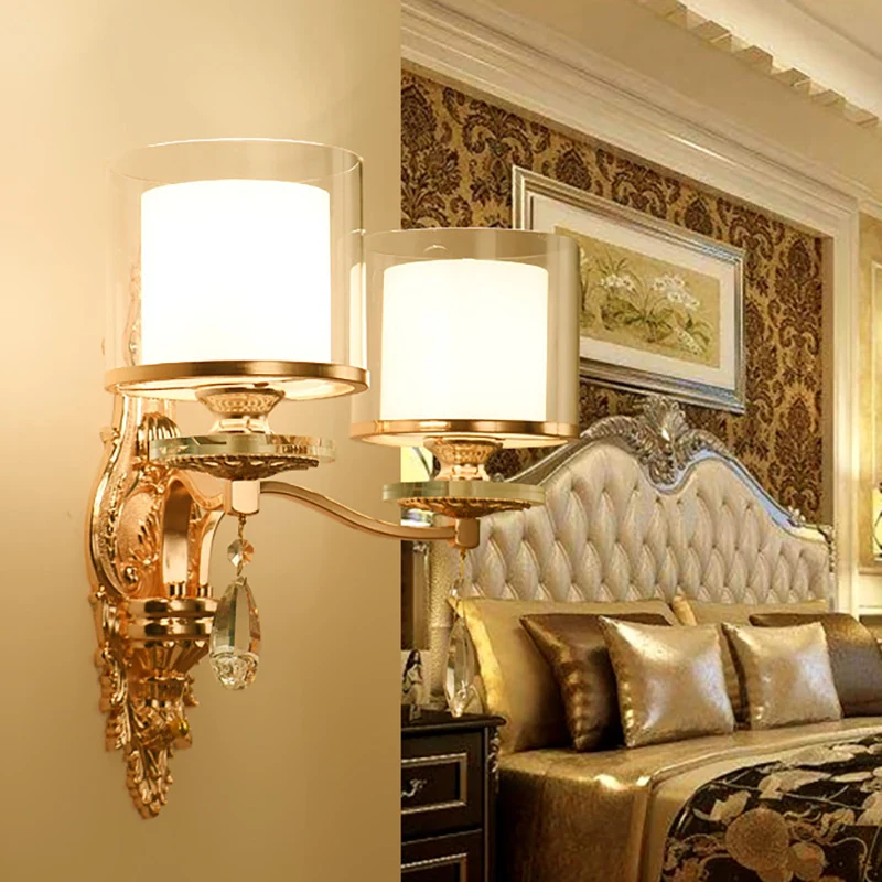 Gold Finish Cylinder Sconce Light Vintage 1/2-Bulb Metal Wall Light Fixture Double Glazen Shade and Crystal Deco Gold