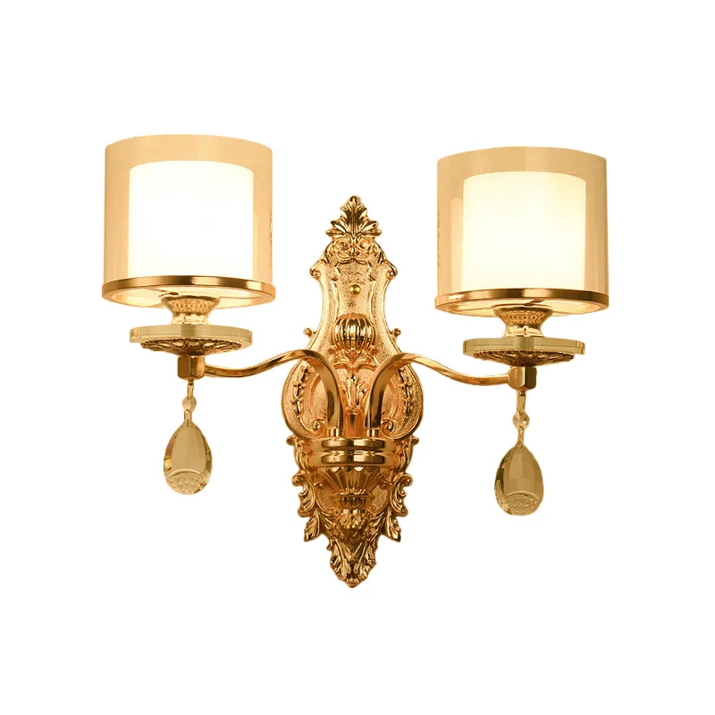 Gold Finish Cylinder Sconce Light Vintage 1/2-Bulb Metal Wall Light Fixture Double Glazen Shade and Crystal Deco Gold