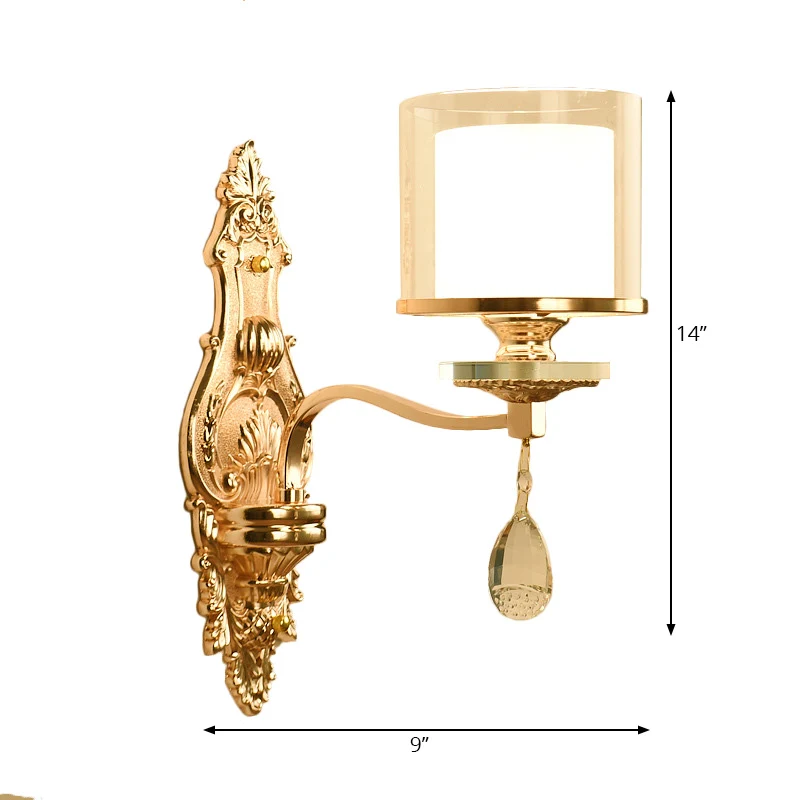 Gold Finish Cylinder Sconce Light Vintage 1/2-Bulb Metal Wall Light Fixture Double Glazen Shade and Crystal Deco Gold
