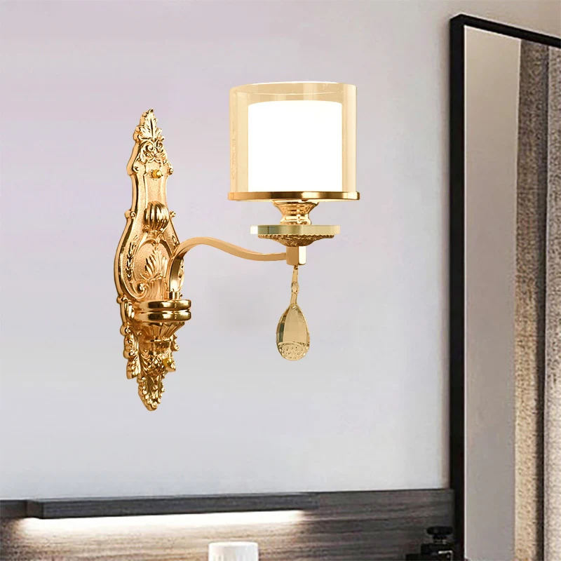 Gold Finish Cylinder Sconce Light Vintage 1/2-Bulb Metaal Wall Light Fixture Double Glass Shade and Crystal Deco Gold