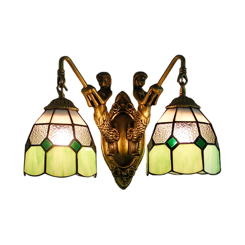 Grid Dessin Sconce Lighting Tiffany Dimpled Glass 2 Heads Orange/Green Wall Mounted Light Green
