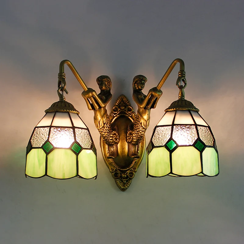 Grid Dessin Sconce Lighting Tiffany Dimpled Glass 2 Heads Orange/Green Wall Mounted Light Green