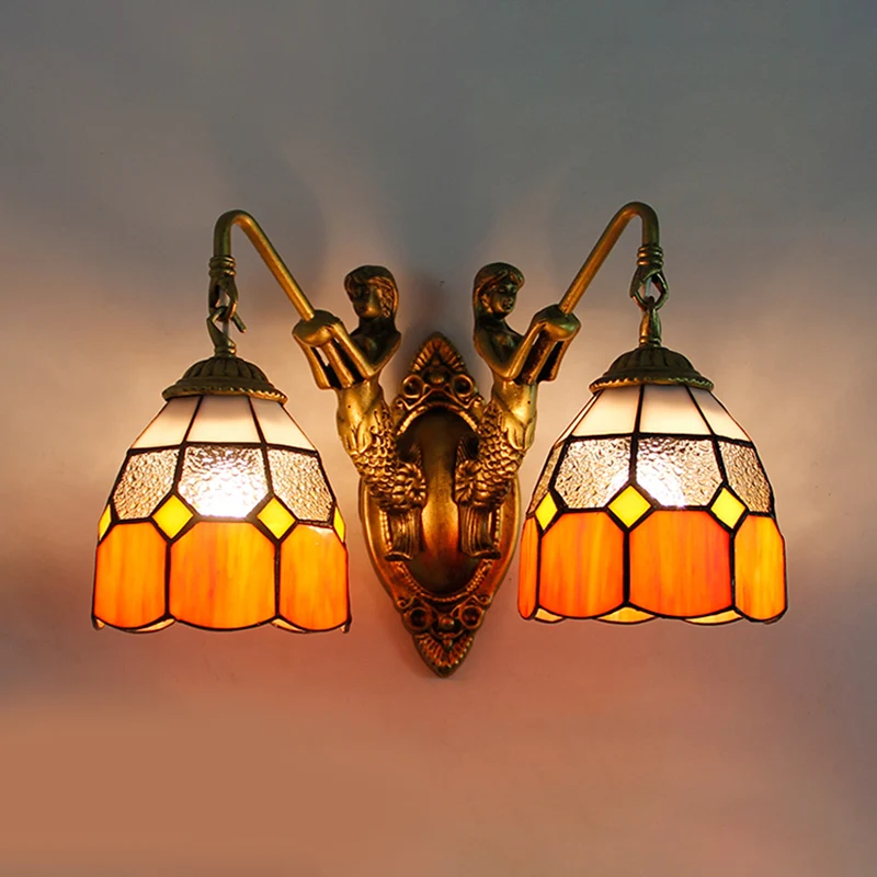 Grid Dessin Sconce Lighting Tiffany Dimpled Glass 2 Heads Orange/Green Wall Mounted Light Green