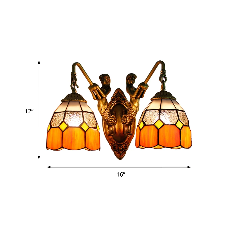 Grid Dessin Sconce Lighting Tiffany Dimpled Glass 2 Heads Orange/Green Wall Mounted Light Green