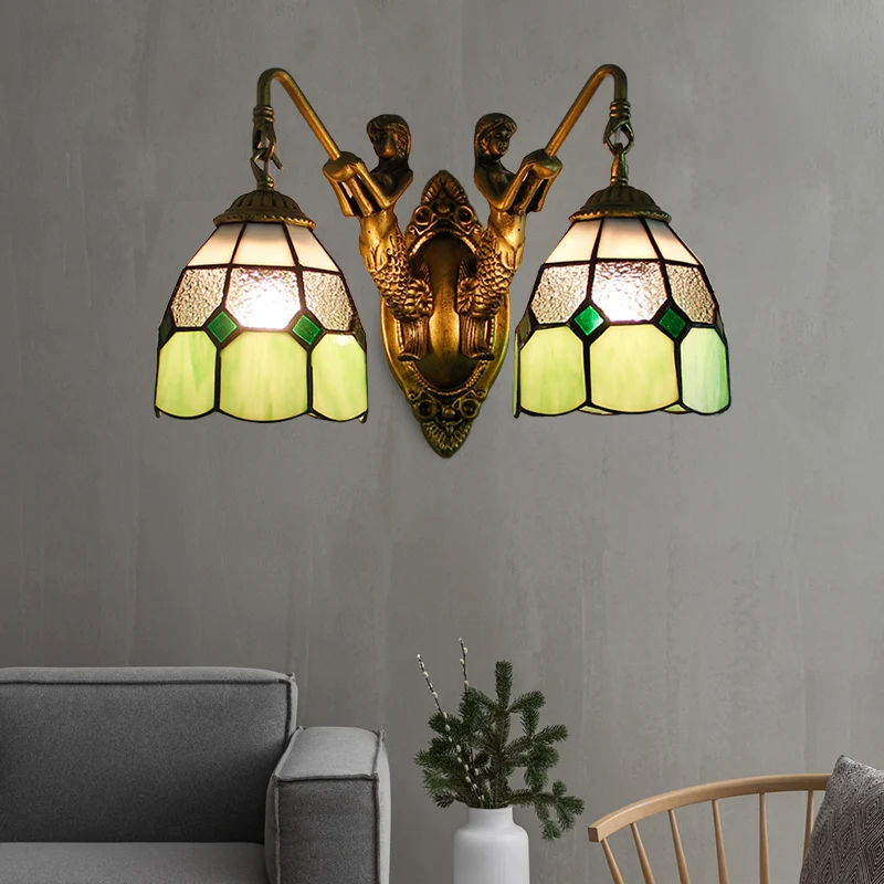 Grid Dessin Sconce Lighting Tiffany Dimpled Glass 2 Heads Orange/Green Wall Mounted Light Green