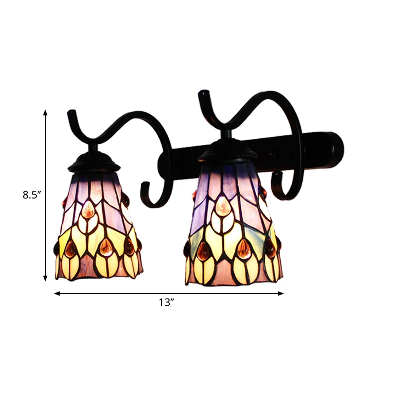 2 Heads Cone Wall Mount Light Peacock Tail/Flower Stained Glass Rustic Wall Sconce Lamp Linear Backplate Koolzwart Black