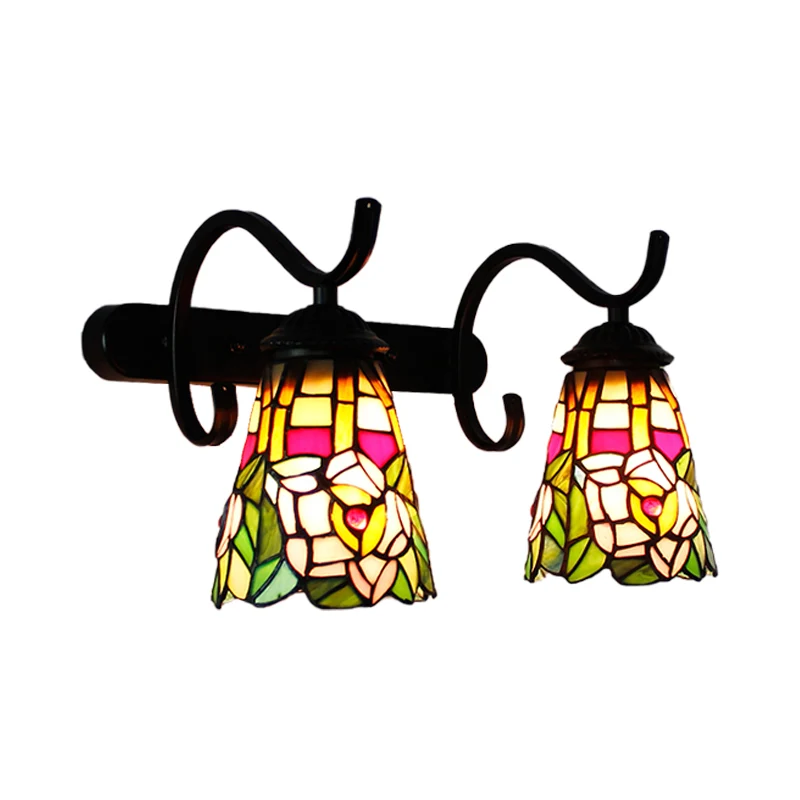2 Heads Cone Wall Mount Light Peacock Tail/Flower Stained Glass Rustic Wall Sconce Lamp Linear Backplate Koolzwart Black