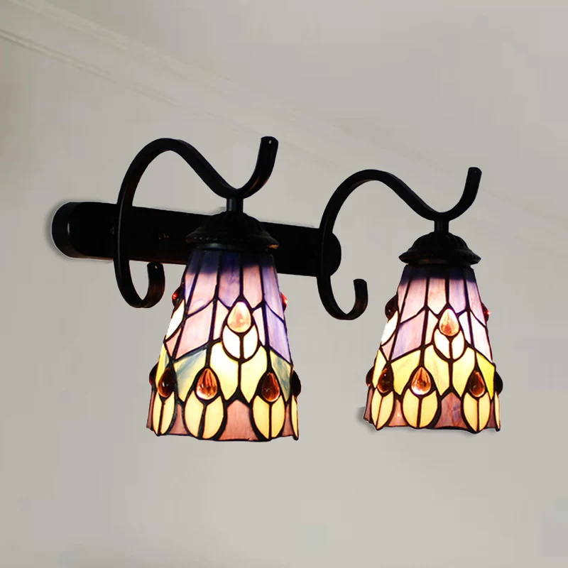2 Heads Cone Wall Mount Light Peacock Tail/Flower Stained Glass Rustic Wall Sconce Lamp Linear Backplate Koolzwart Black