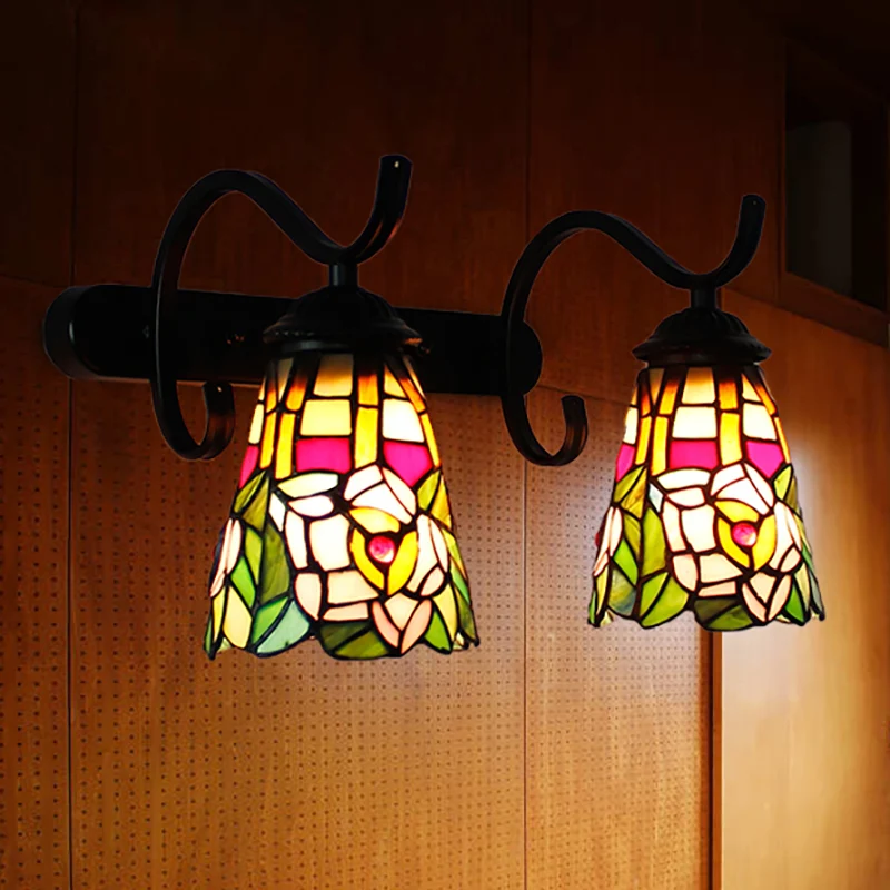 2 Heads Cone Wall Mount Light Peacock Tail/Flower Stained Glass Rustic Wall Sconce Lamp Linear Backplate Koolzwart Black
