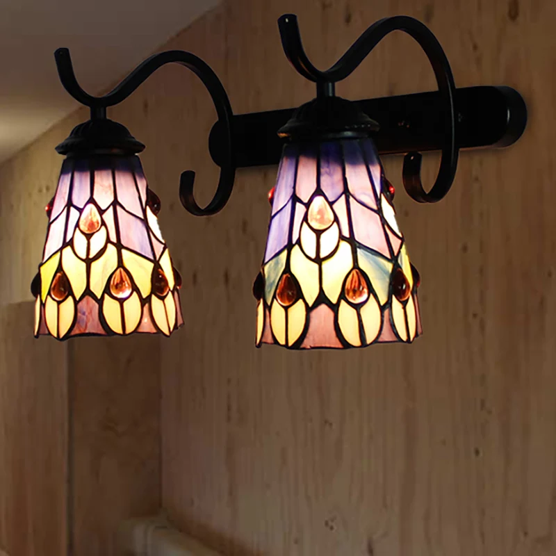 2 Heads Cone Wall Mount Light Peacock Tail/Flower Stained Glass Rustic Wall Sconce Lamp Linear Backplate Koolzwart Black