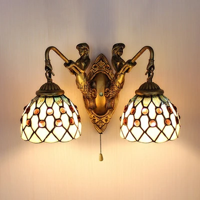 2 Heads Sconce Lighting Tiffany Curve Arm/Zeemeermin Natuurtint glazen wandmontagelamp met trekkettingschakelaar