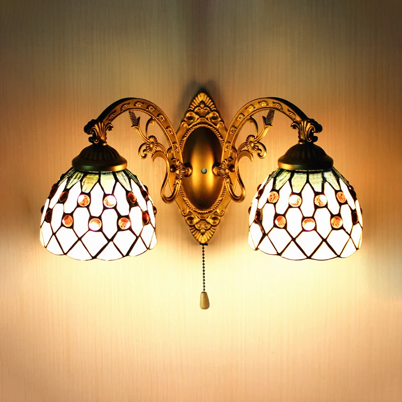 2 Heads Sconce Lighting Tiffany Curve Arm/Zeemeermin Lichtbruin glazen wandmontagelamp met trekkettingschakelaar
