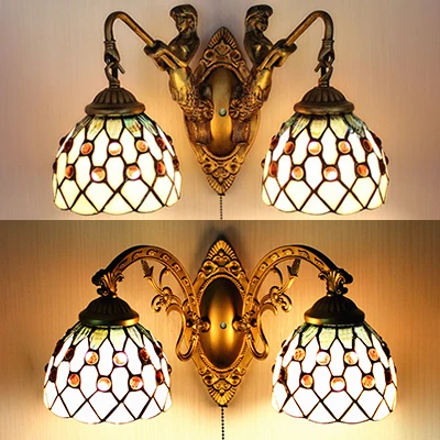 2 Heads Sconce Lighting Tiffany Curve Arm/Zeemeermin Lichtbruin glazen wandmontagelamp met trekkettingschakelaar
