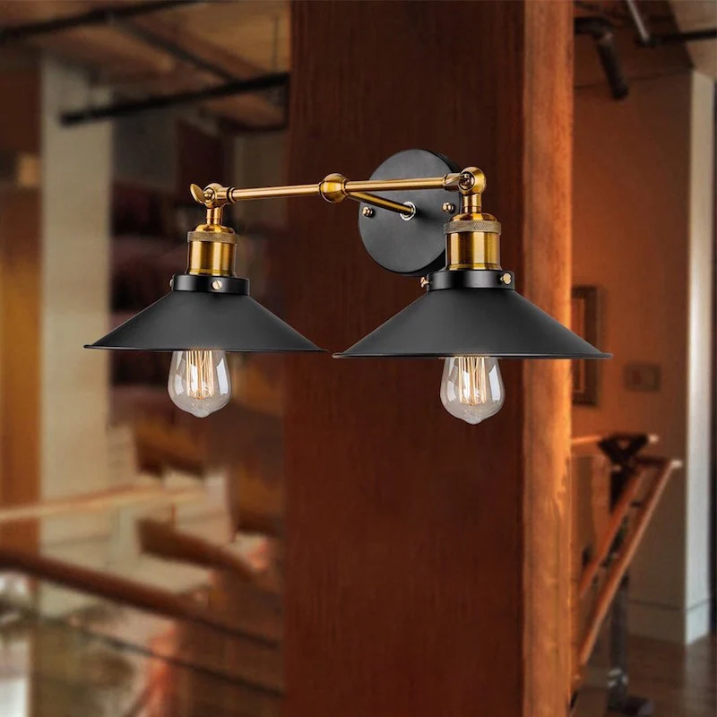 2 Heads Wall Light Industrial Stylish Conical Shade Van metaal Wall Sconce Lighting Black/White Living Room Black