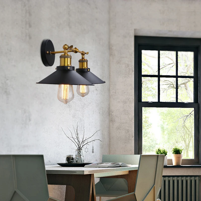 2 Heads Wall Light Industrial Stylish Conical Shade Metalen Wall Sconce Lighting Black/White Living Room Black