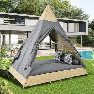 Hemel tuinbed 2 tot 4 arrangeren - Beige rotan en grijs deurgordijn - Inclusief kussens - voor buiten