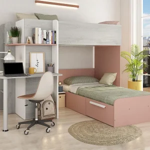 Hoekstapelbed 2 x 90 x 190 cm met bureau, grijs, wit en roze - SAMUEL