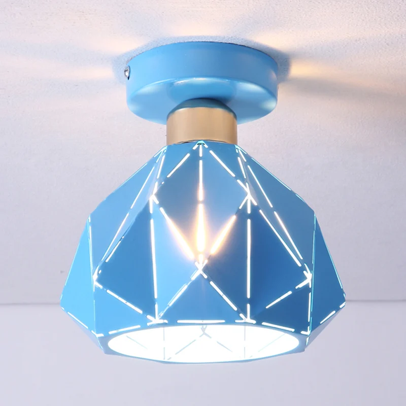 Hollow Polyhedron Balcony Porch Ceiling Mount Light Metalen One Light Ceiling Lamp Blue