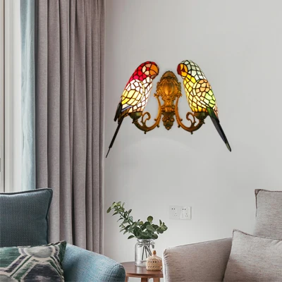 2 hoofden papegaai wandverlichting rustieke loft glas--lood wandkandelaar zwak messing/bronzen afwerking voor foyer