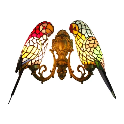 2 hoofden papegaai wandverlichting rustieke loft glas--lood wandkandelaar zwak messing/bronzen afwerking voor foyer