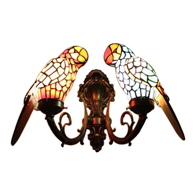 2 hoofden papegaai wandverlichting rustieke loft glas--lood wandkandelaar zwak messing/bronzen afwerking voor foyer